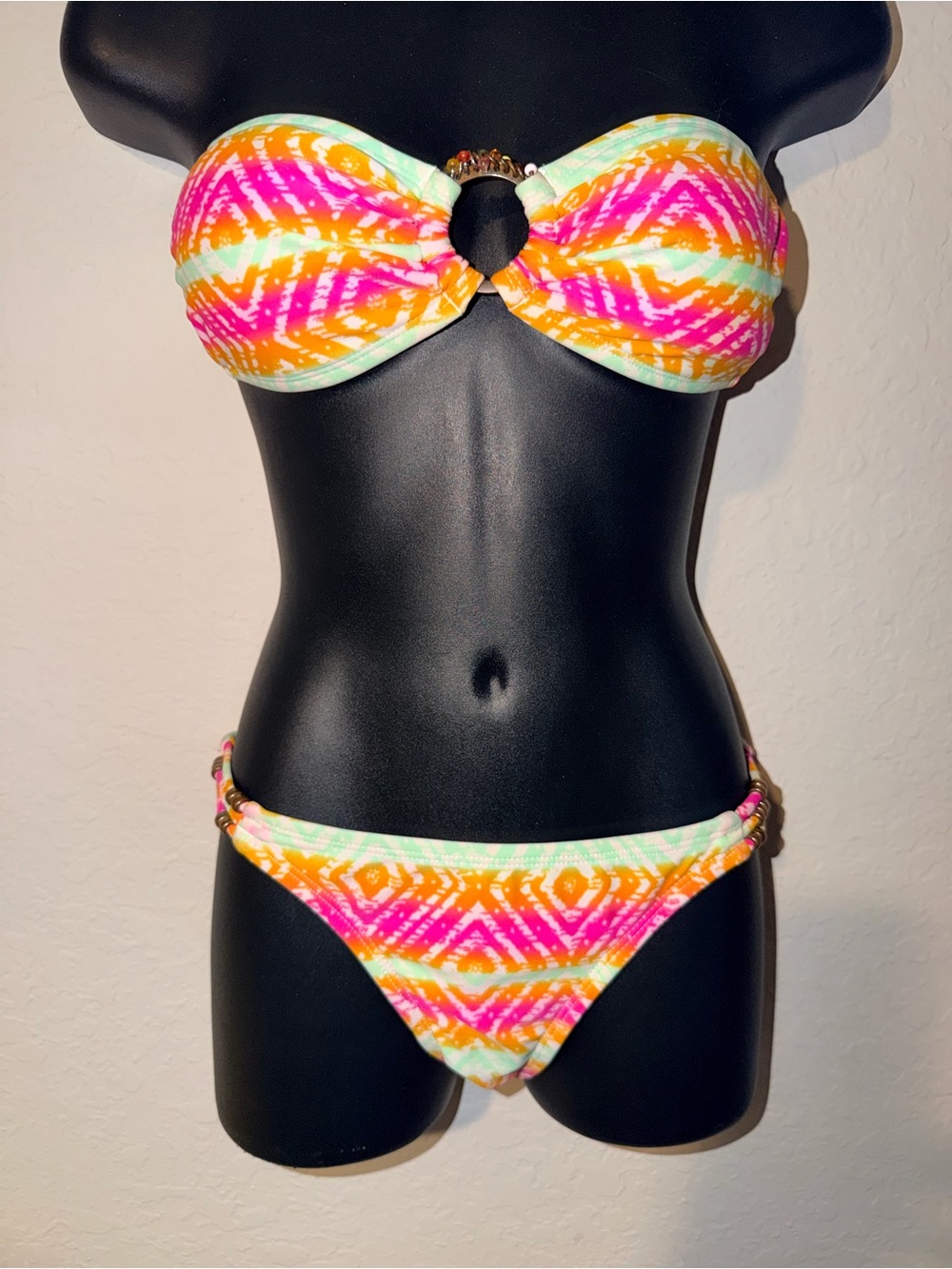 Candie’s Studio Neon Tribal Bandeau Bikini Set XS Pink Orange